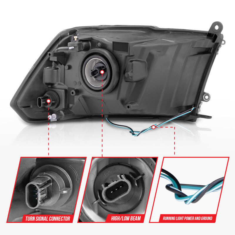 ANZO 2009-2018 Dodge Ram Crystal Headlights with Light Bar, Black Housing, Clear Lens