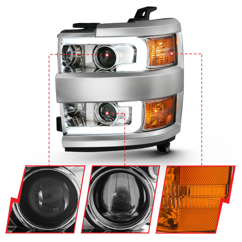 ANZO 2015-2016 Chevrolet Silverado Projector Headlights w/ Plank Style Design Chrome w/ Amber-SR1 Performance