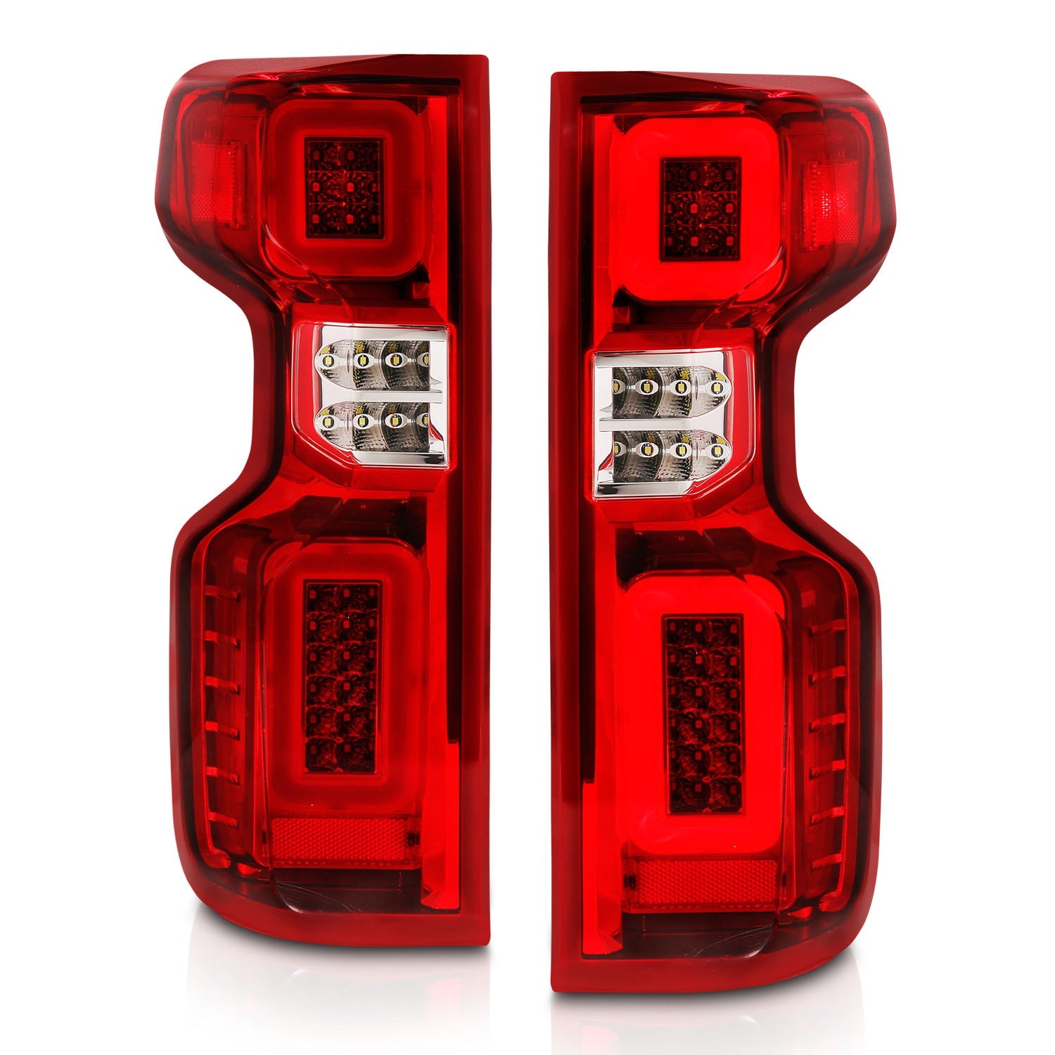 CHEVY SILVERADO 1500 19-26 / 2500HD/3500HD 20-26 FULL LED TAIL LIGHTS CHROME RED/CLEAR LENS W/ SEQUENTIAL SIGNAL (FACTORY HALOGEN BULB MODELS)