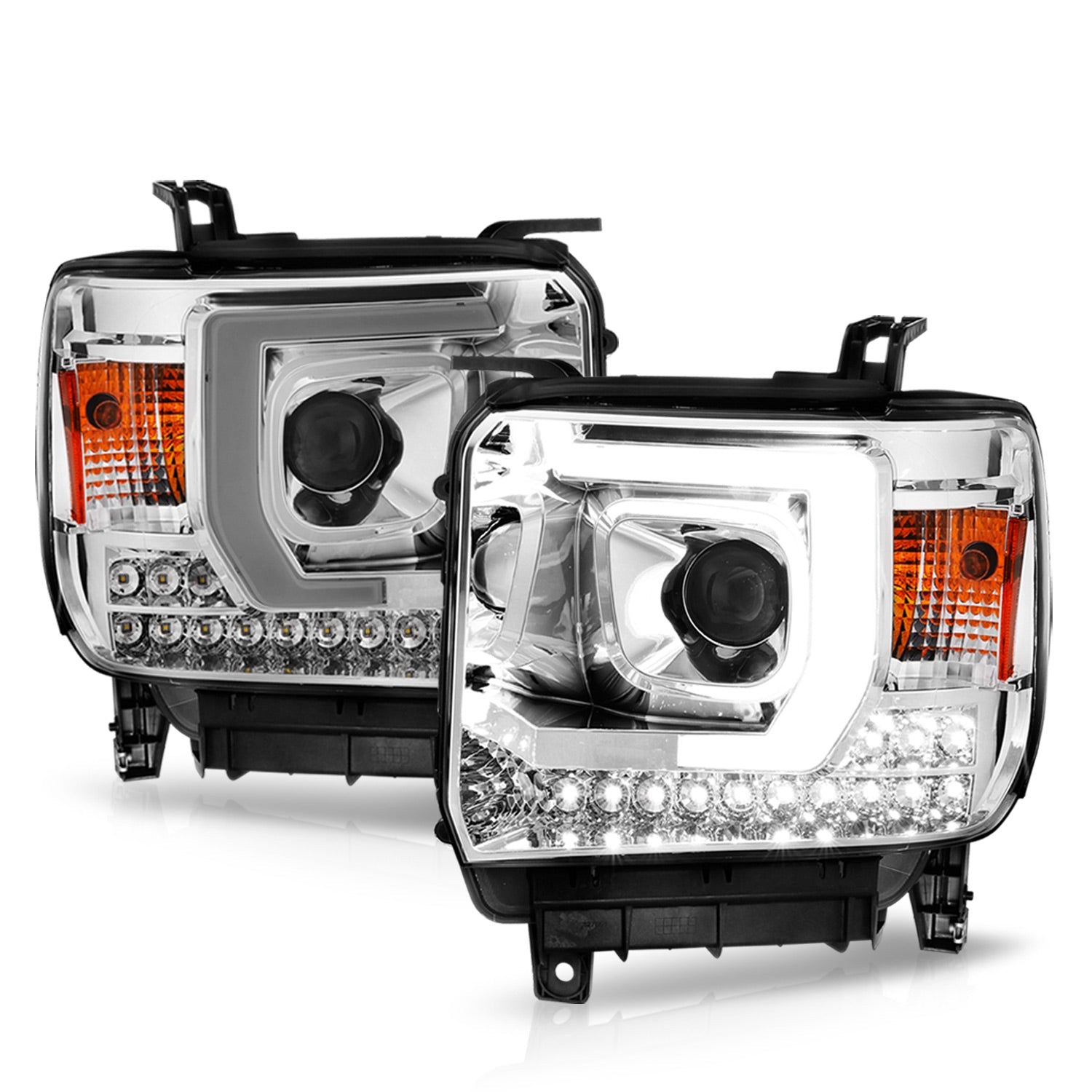 GMC SIERRA 1500 14-15 /2500HD/3500HD 15-19 PROJECTOR C BAR HEADLIGHTS CHROME (FOR HALOGEN MODELS W/O FACTORY LED DRL)