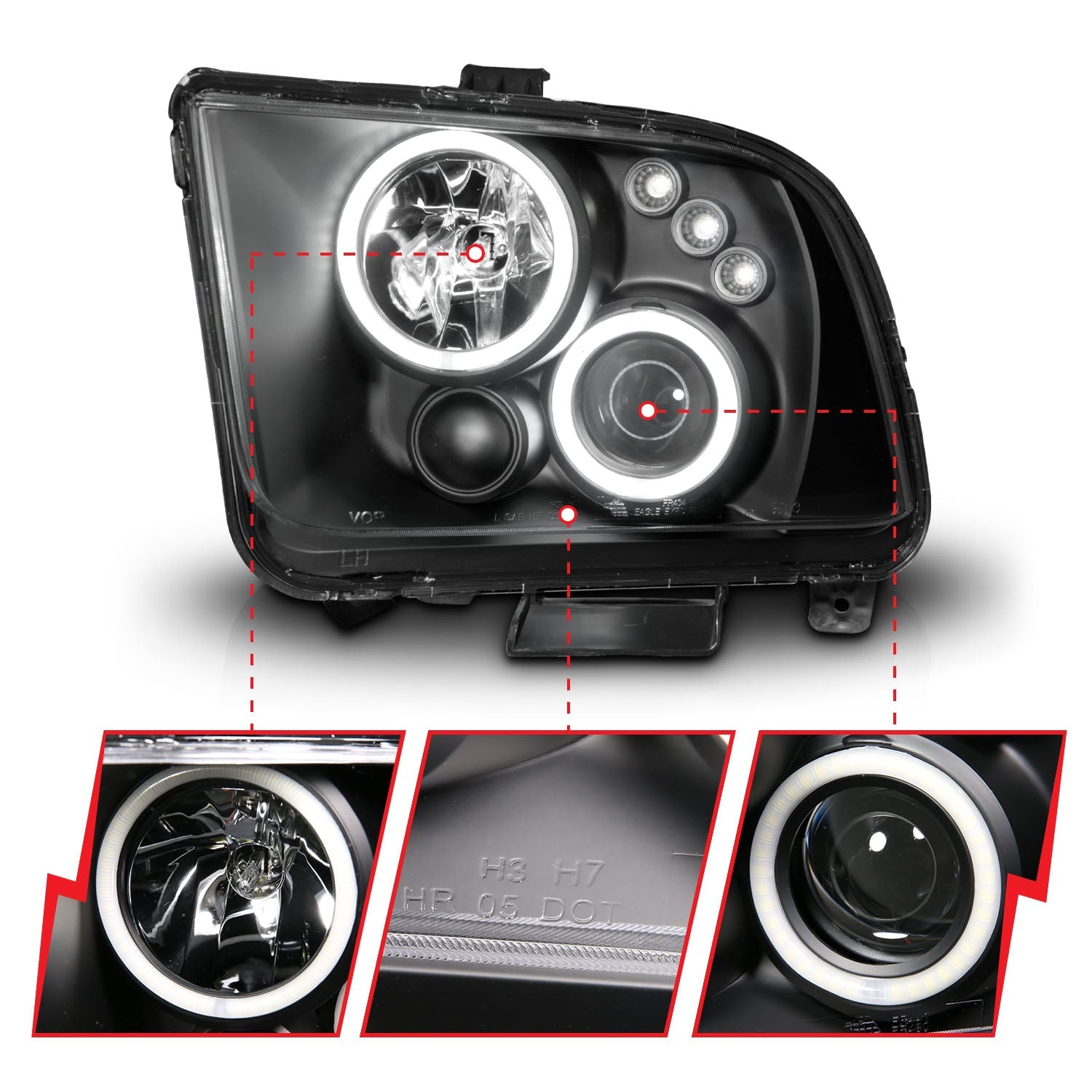 FORD MUSTANG 05-09 PROJECTOR HEADLIGHTS BLACK W/ RX HALO