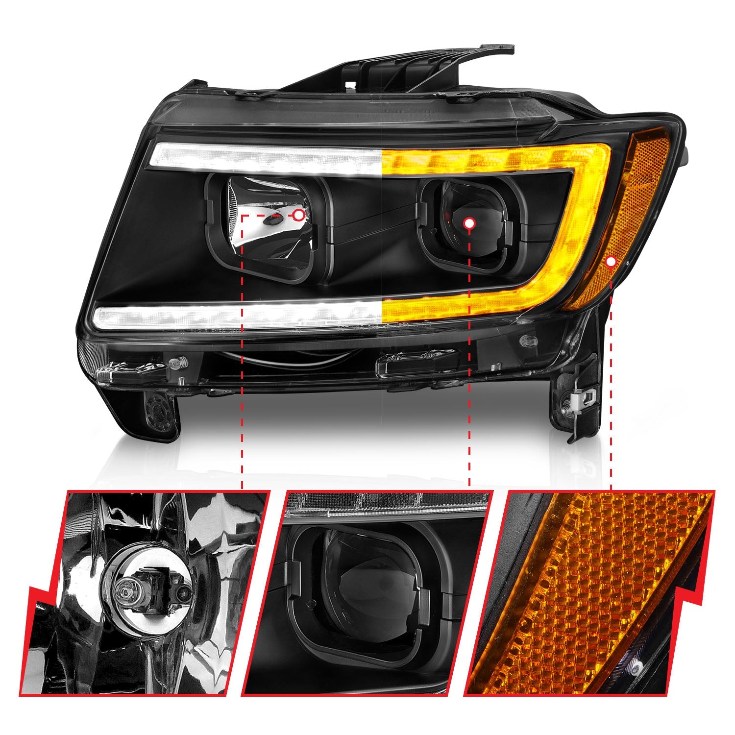 JEEP GRAND CHEROKEE 11-13 PROJECTOR SWITCHBACK PLANK STYLE HEADLIGHTS BLACK