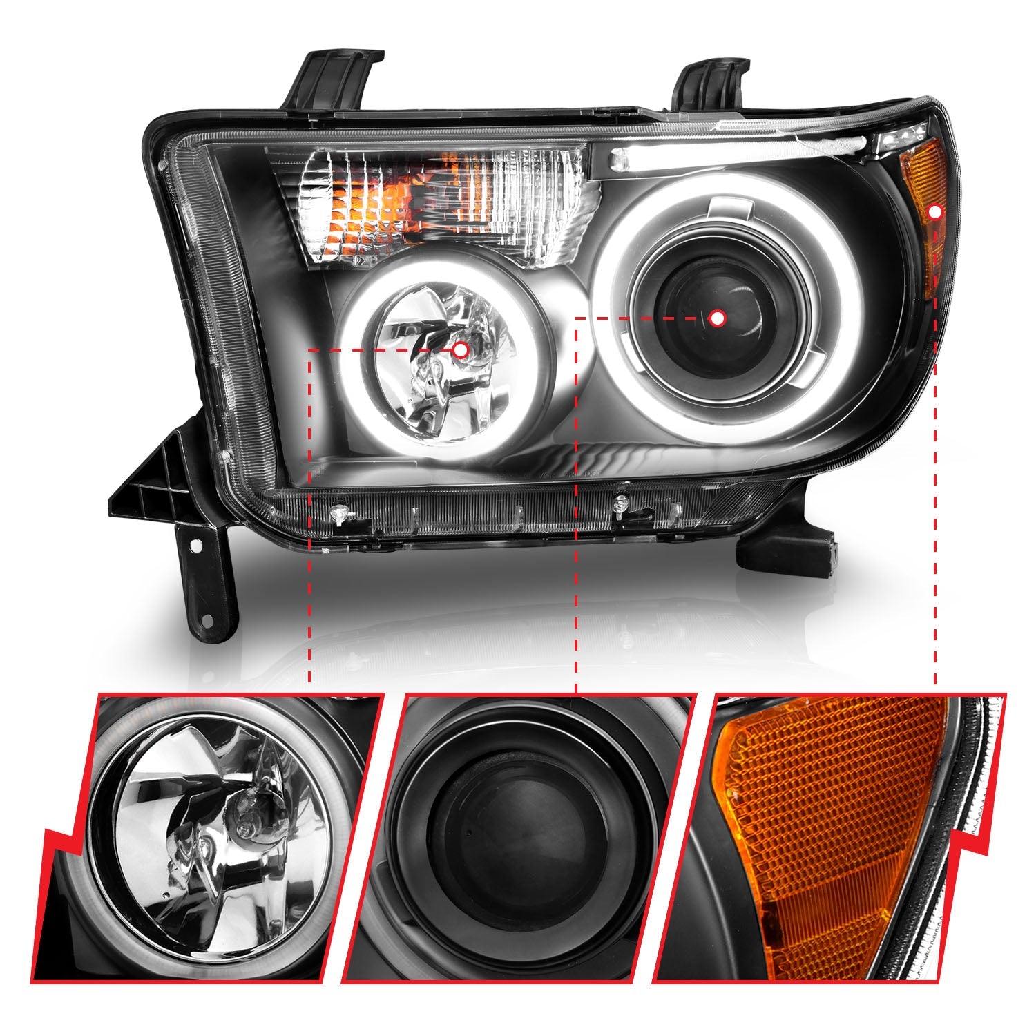 TOYOTA TUNDRA 07-13 / SEQUOIA 08-17 PROJECTOR HEADLIGHTS BLACK W/ RX HALO & LED BAR