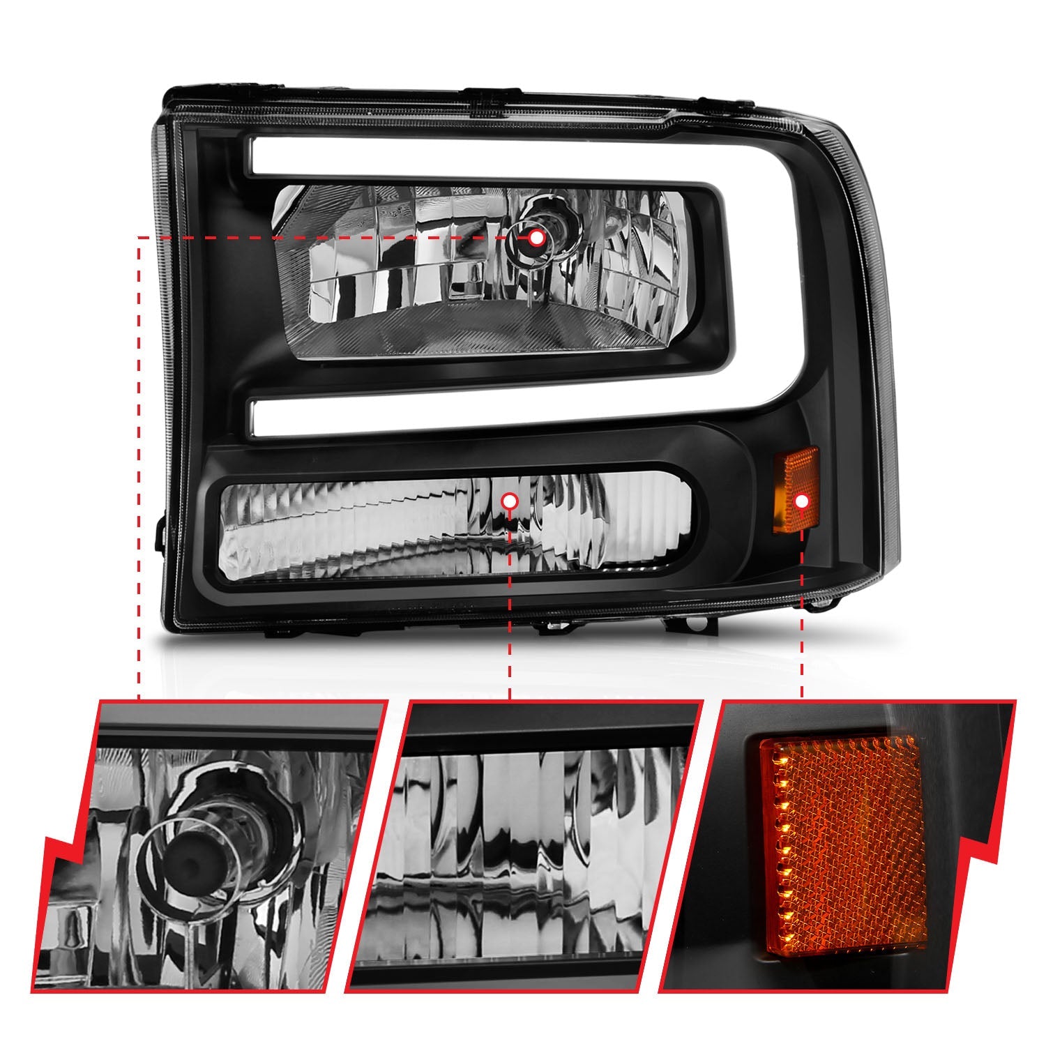 FORD EXCURSION 00-04 / SUPER DUTY 99-04 CRYSTAL PLANK STYLE HEADLIGHTS BLACK