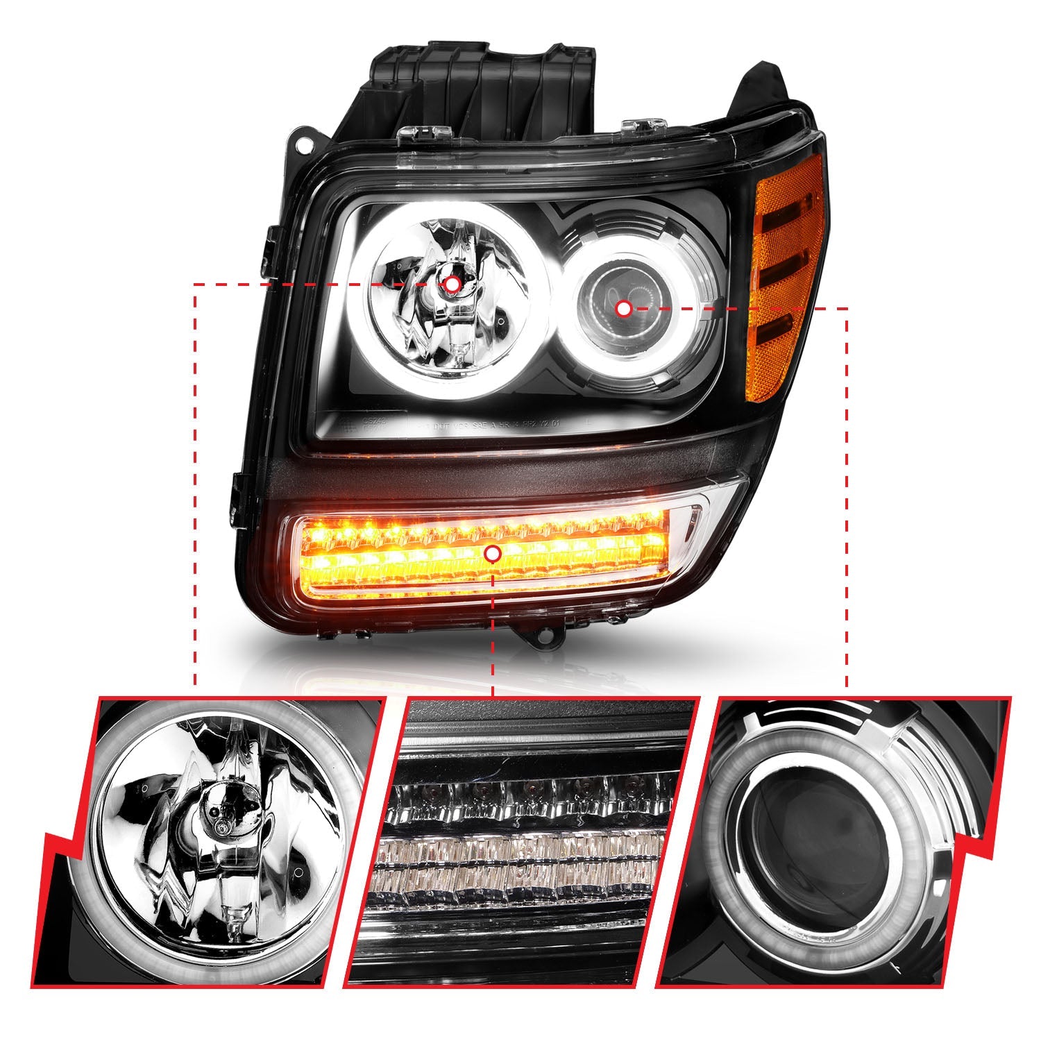 DODGE NITRO 07-12 PROJECTOR HEADLIGHTS BLACK G2 W/ RX HALO & LED SIGNAL