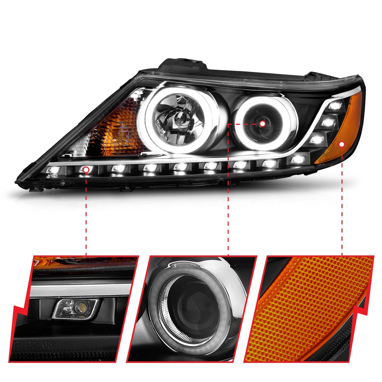 KIA SORENTO 11-13 PROJECTOR HEADLIGHTS BLACK W/ RX HALO