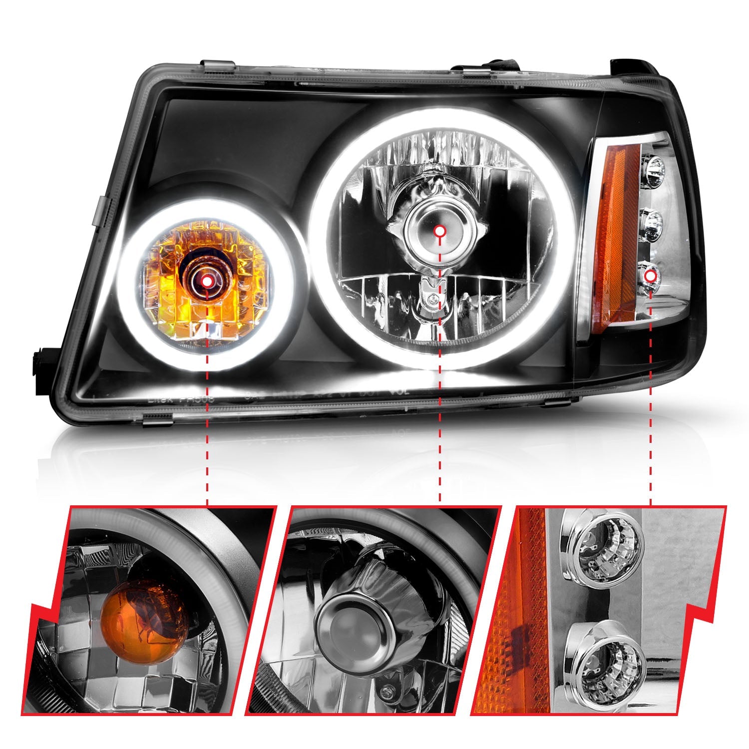 FORD RANGER 01-11 CRYSTAL HEADLIGHTS BLACK W/ RX HALO 1PC
