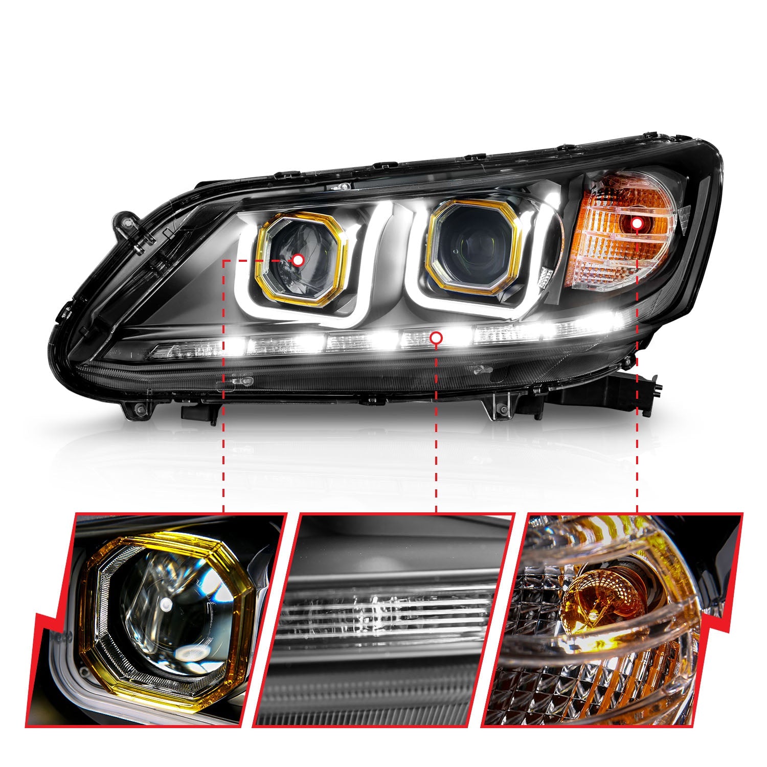 HONDA ACCORD 13-15 4DR PROJECTOR HEADLIGHTS U-BAR BLACK CLEAR