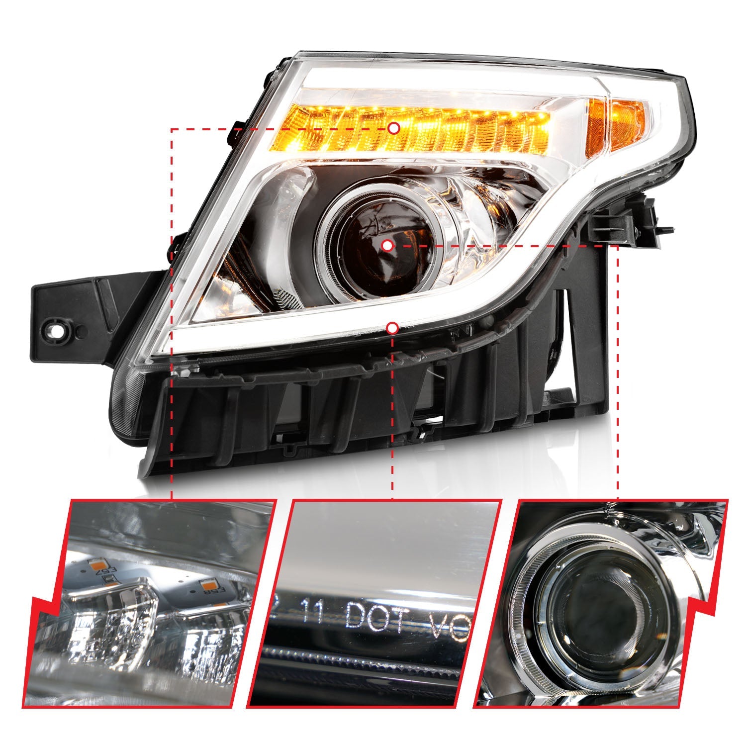 FORD EXPLORER 11-15 PROJECTOR PLANK STYLE HEADLIGHTS CHROME W/ LED SIGNAL (13-15 BASE, XLT, LIMITED)