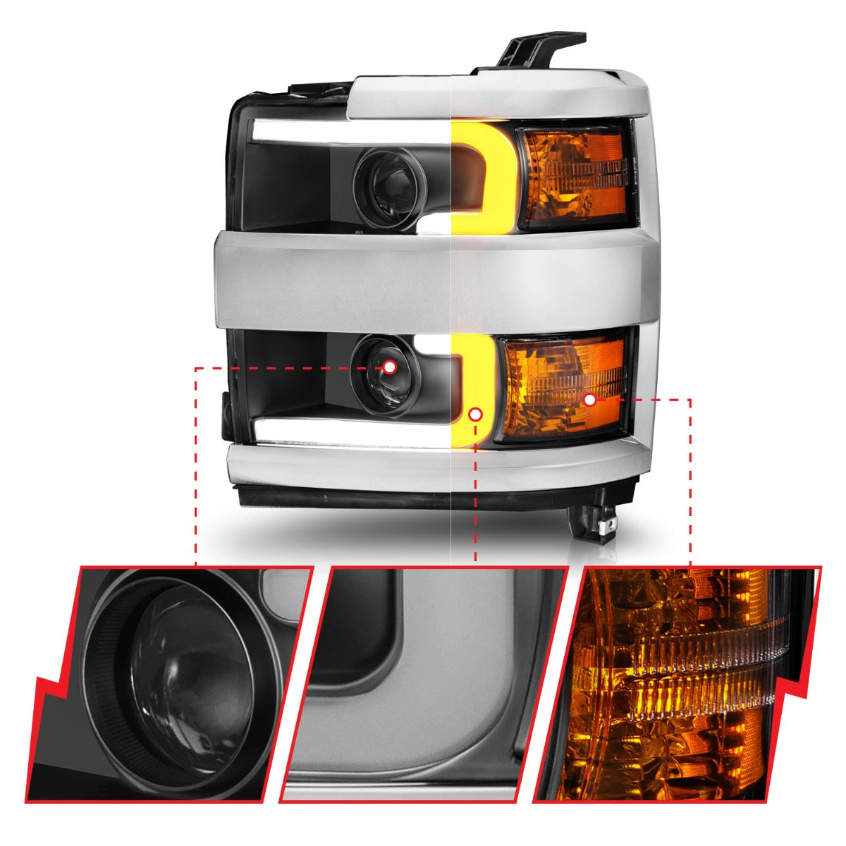 CHEVY SILVERADO 15-19 2500HD/3500HD PROJECTOR SWITCHBACK HEADLIGHTS BLACK(CHROME TRIM)(HALOGEN MODELS ONLY)