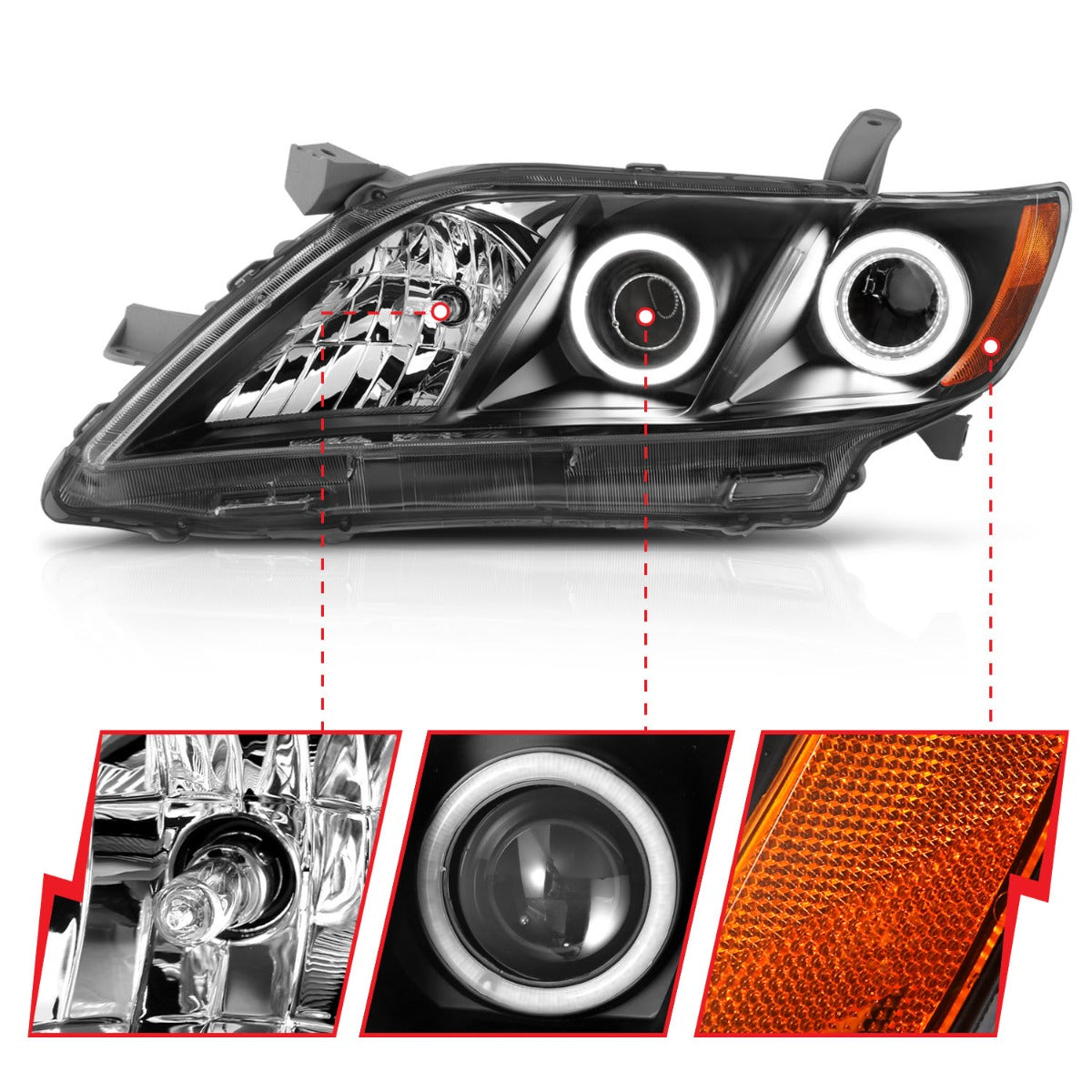 TOYOTA CAMRY 07-09 PROJECTOR HEADLIGHTS BLACK W/ RX HALO