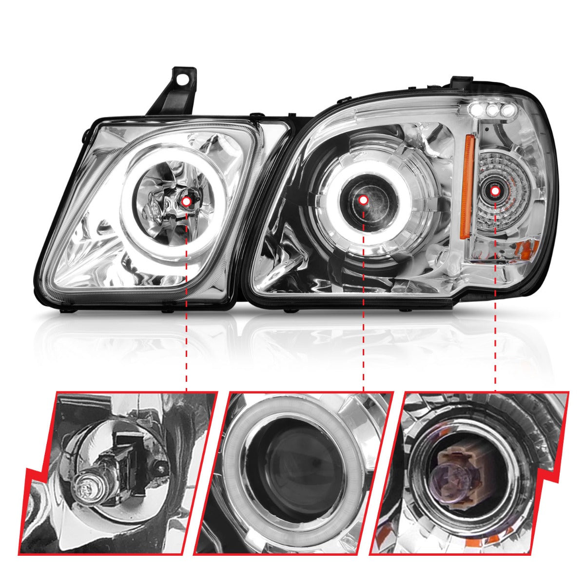 LEXUS LX470 98-07 PROJECTOR HEADLIGHTS CHROME W/ RX HALO (NOT FOR FACTORY HID MODELS)