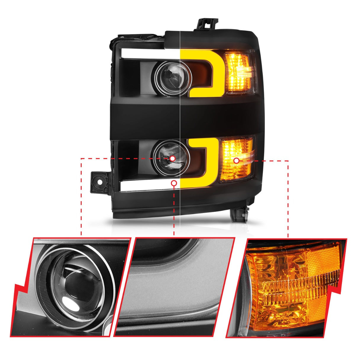 CHEVY SILVERADO 15-19 2500HD/3500HD PROJECTOR SWITCHBACK HEADLIGHTS BLACK(GLOSS BLACK TRIM)(HALOGEN MODELS ONLY)
