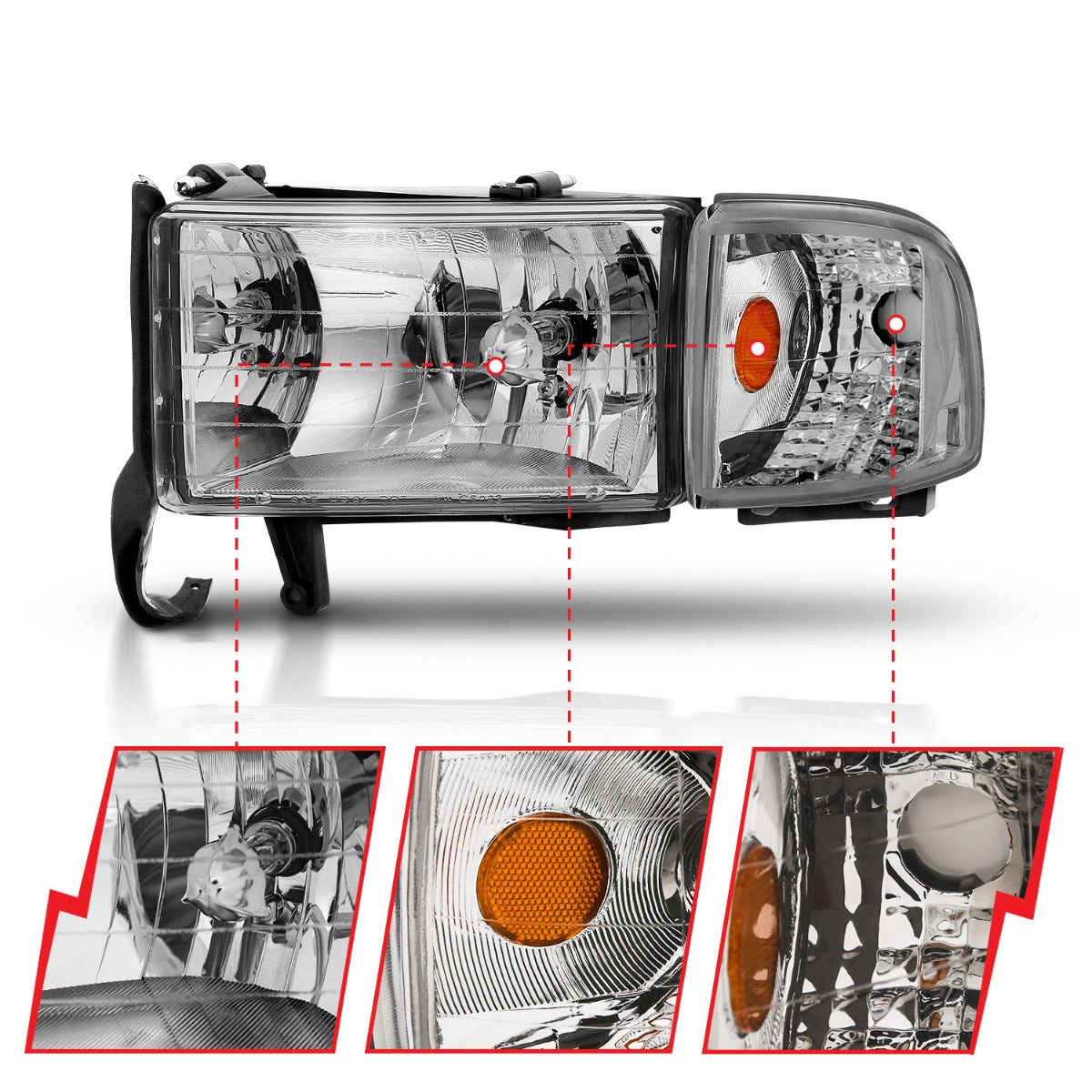 DODGE RAM 1500 94-01 / RAM 2500/3500 94-02 / RAM SPORT MODEL 94-98 CRYSTAL HEADLIGHTS CHROME W/ CORNER LIGHT 2PC