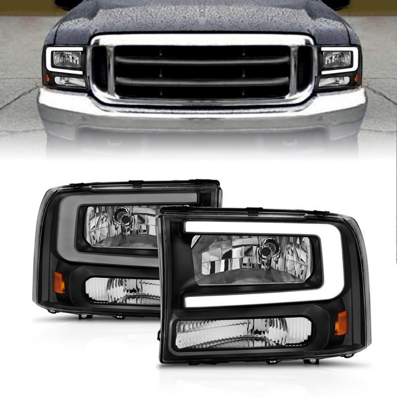 ANZO 99-04 Ford F250/F350/F450/Excursion (excl. 99) Crystal Headlights - w/ Light Bar Black Housing-SR1 Performance