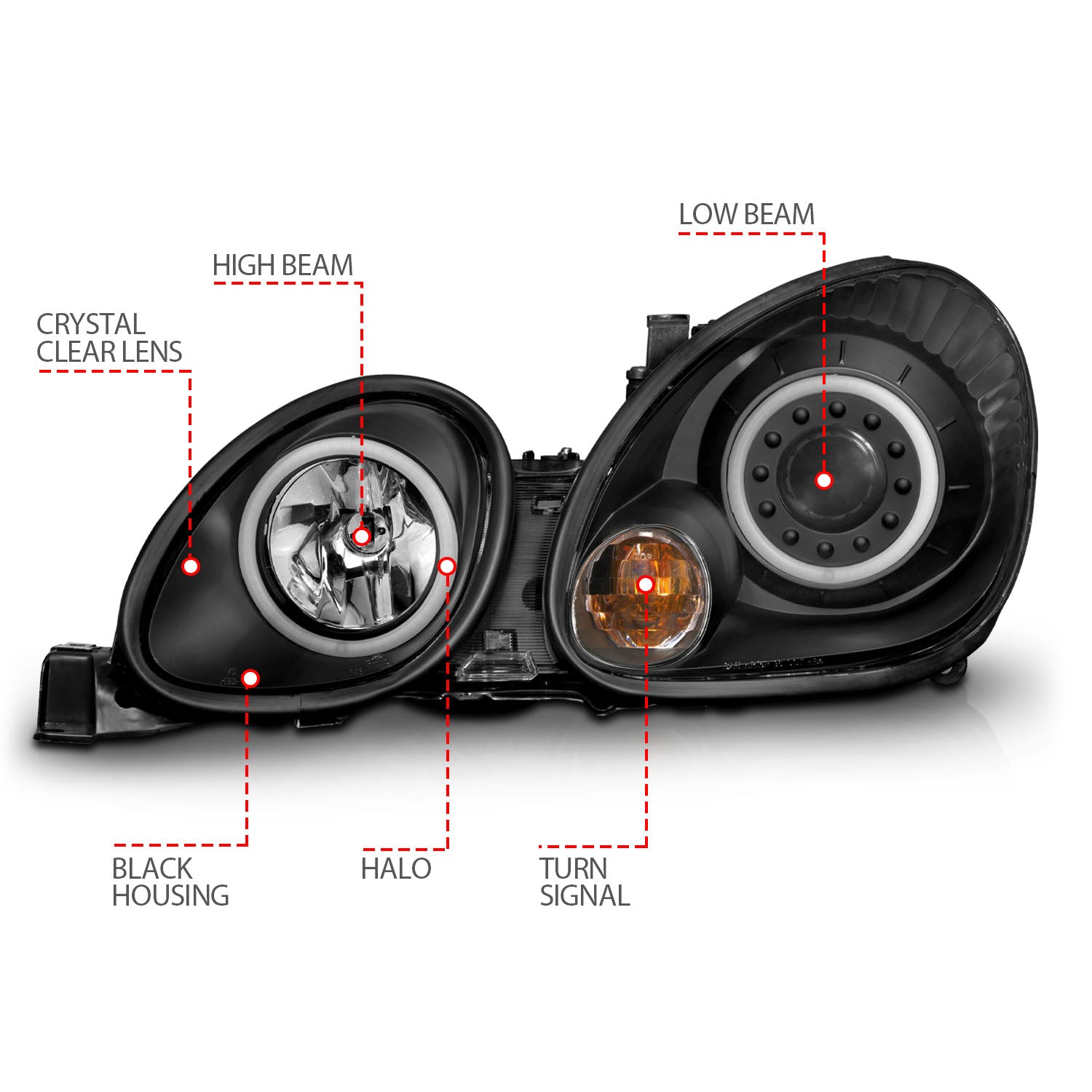 LEXUS GS 300/400/430 98-05 PROJECTOR HEADLIGHTS BLACK W/ RX HALO (NOT FOR FACTORY HID SYSTEM)