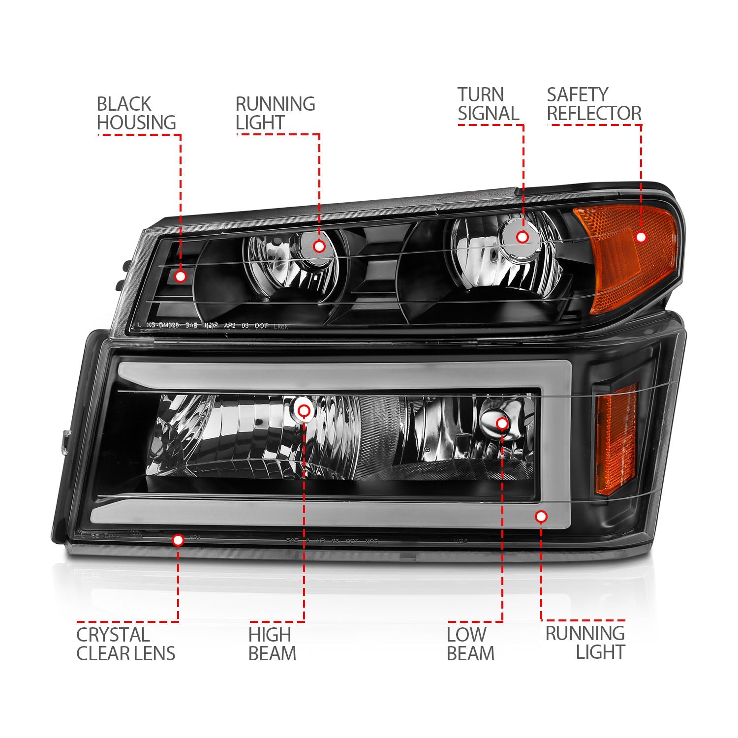CHEVY COLORADO / GMC CANYON 04-12 CRYSTAL PLANK STYLE HEADLIGHTS BLACK W/ PARKING/SIGNAL LIGHTS 4PCS