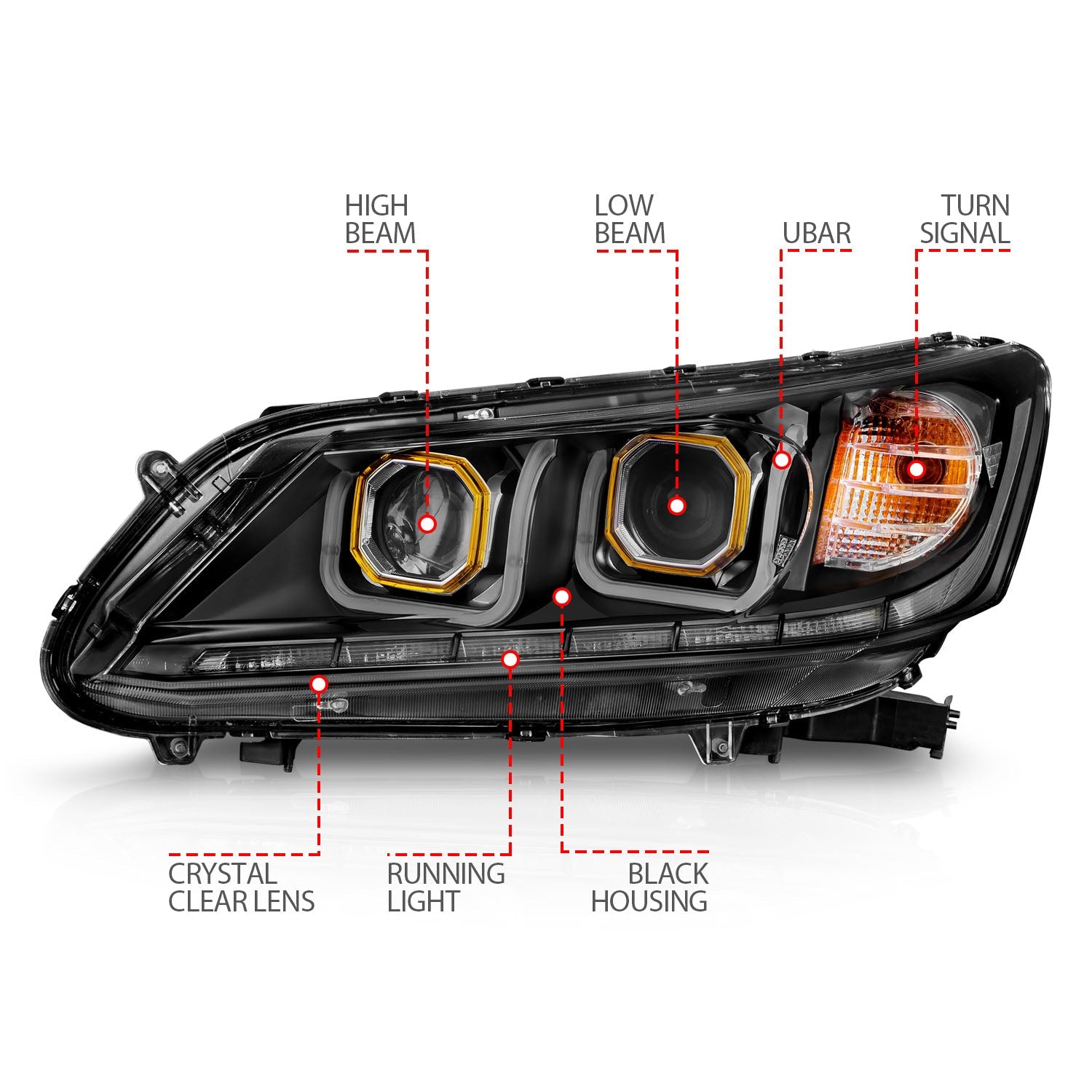HONDA ACCORD 13-15 4DR PROJECTOR HEADLIGHTS U-BAR BLACK CLEAR