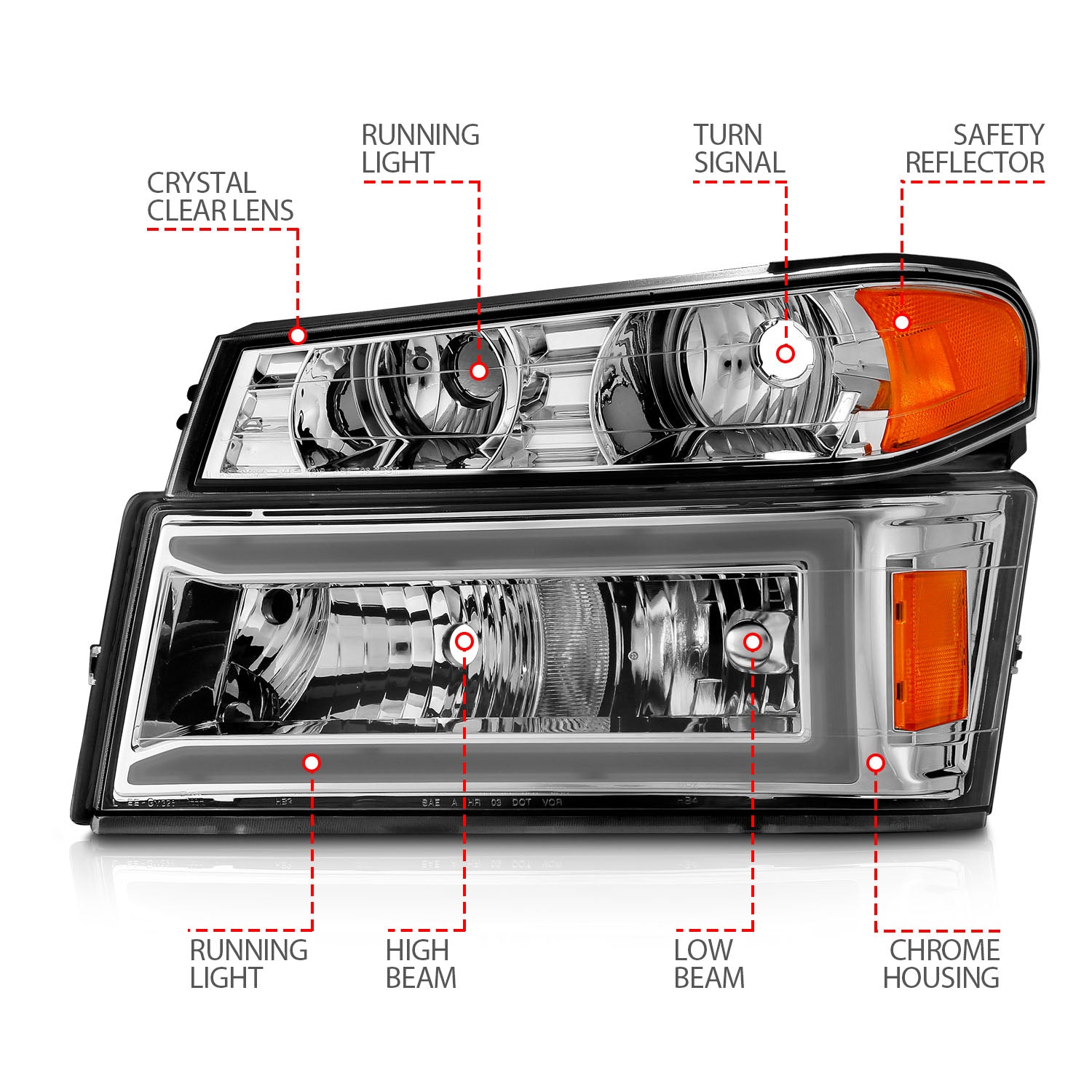 CHEVY COLORADO / GMC CANYON 04-12 CRYSTAL PLANK STYLE HEADLIGHTS CHROME W/ PARKING/SIGNAL LIGHTS 4PCS