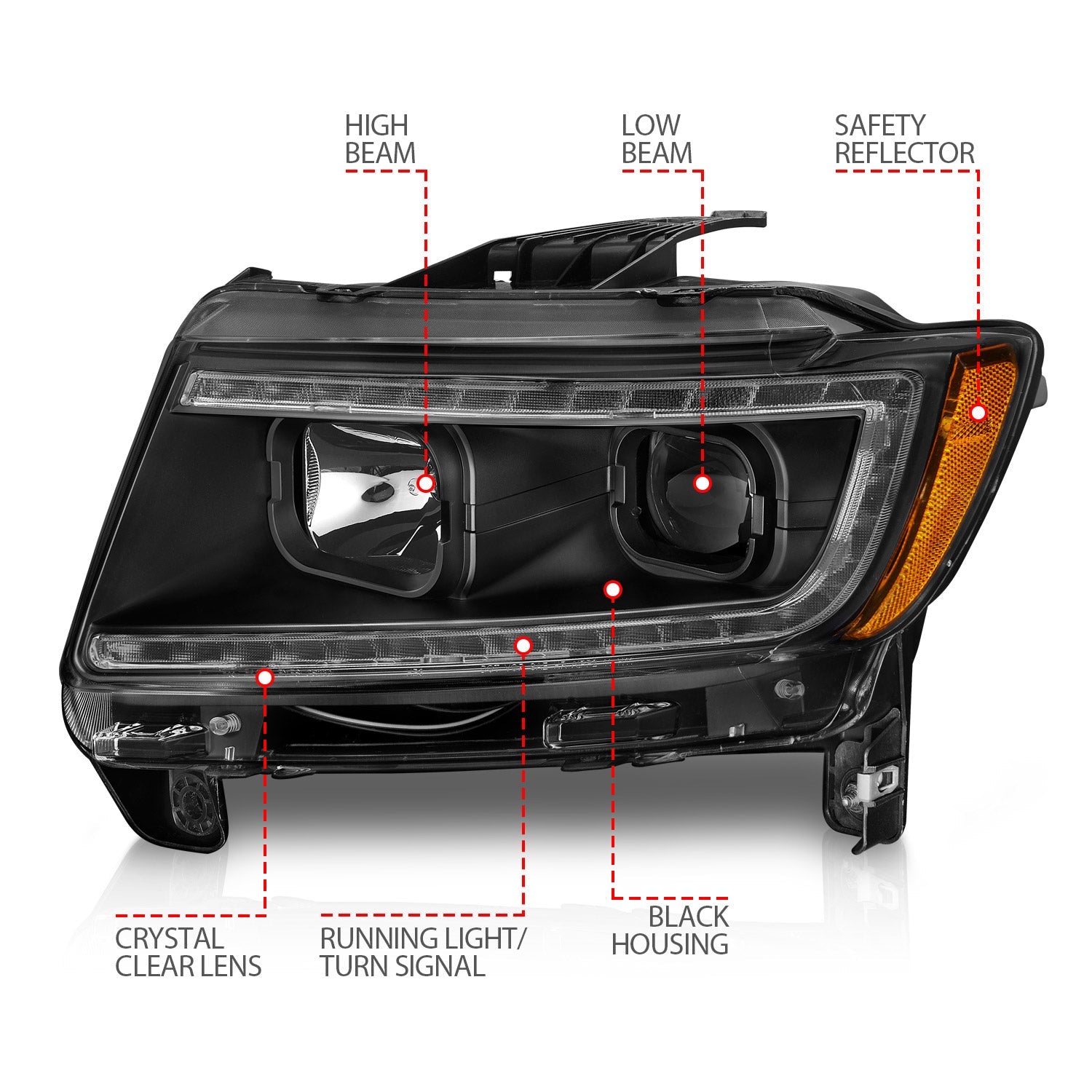 JEEP GRAND CHEROKEE 11-13 PROJECTOR SWITCHBACK PLANK STYLE HEADLIGHTS BLACK