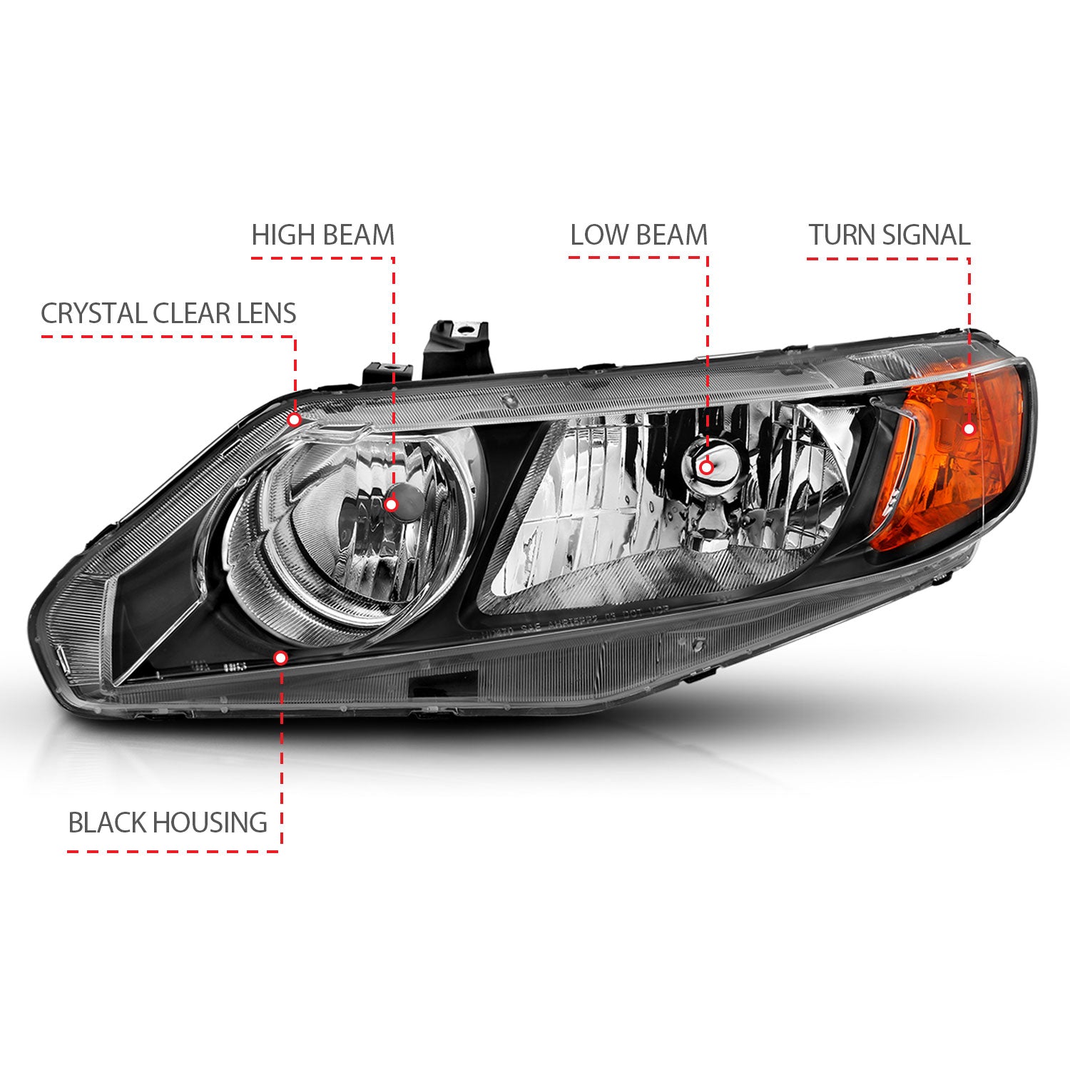 HONDA CIVIC 06-11 CRYSTAL HEADLIGHTS 4DR BLACK (OE TYPE REPLACEMENT)