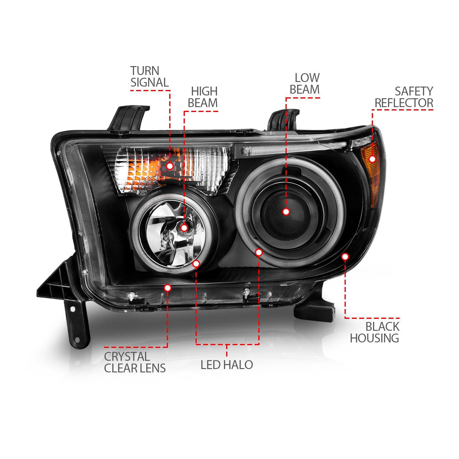 TOYOTA TUNDRA 07-13 / SEQUOIA 08-17 PROJECTOR HEADLIGHTS BLACK W/ RX HALO & LED BAR