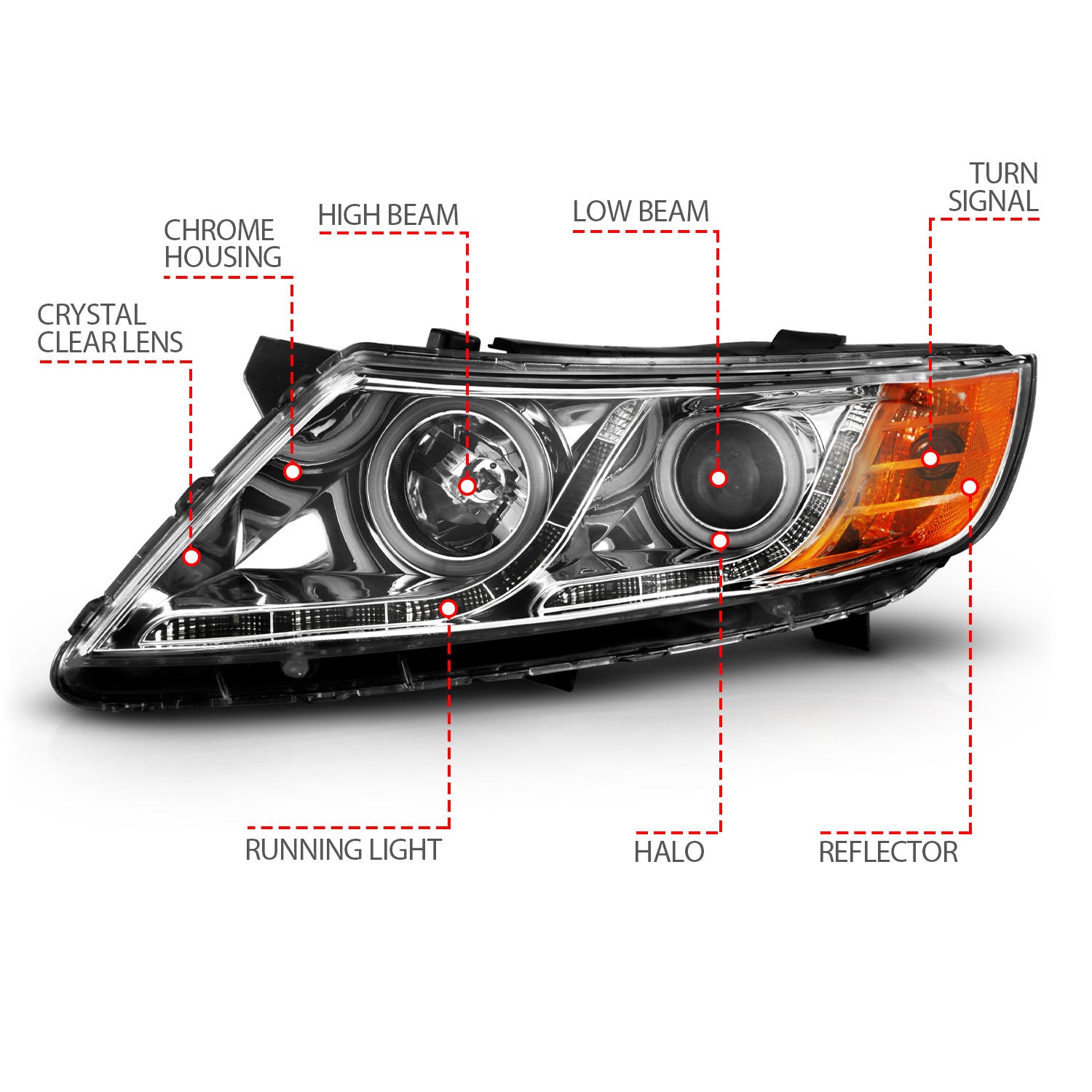 KIA OPTIMA 11-15 PROJECTOR HEADLIGHTS CHROME W/ RX HALO
