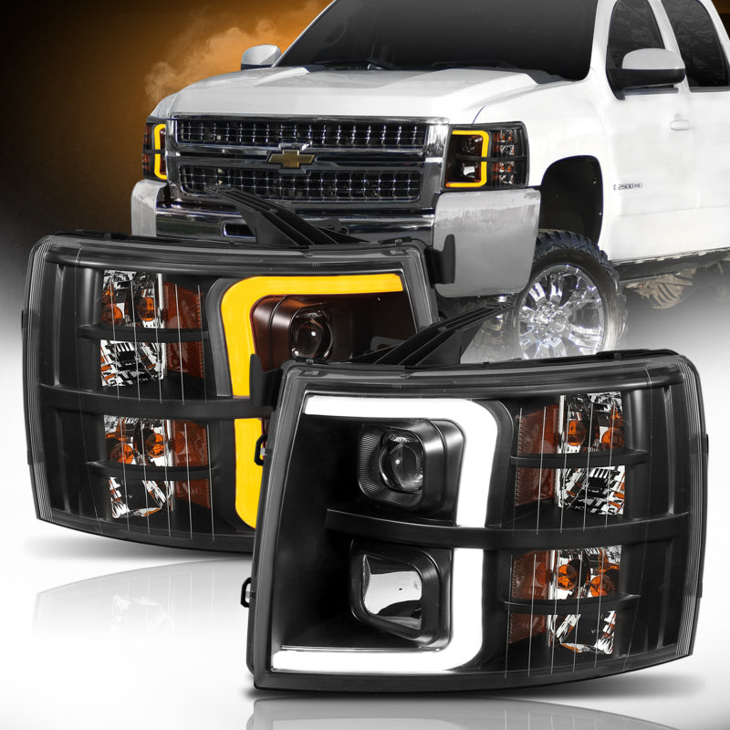 ANZO 07-13 Chevrolet Silverado 1500 Plank Style Projector Headlights Black w/ Amber-SR1 Performance