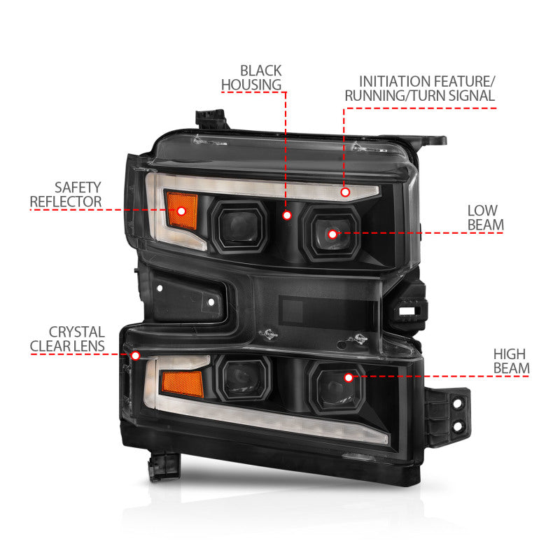 ANZO 19-22 Chevrolet Silverado 1500 LED Proj HL w/Lgt Bar SwBk Seq. Blk w/In. Light - Passenger Side-SR1 Performance