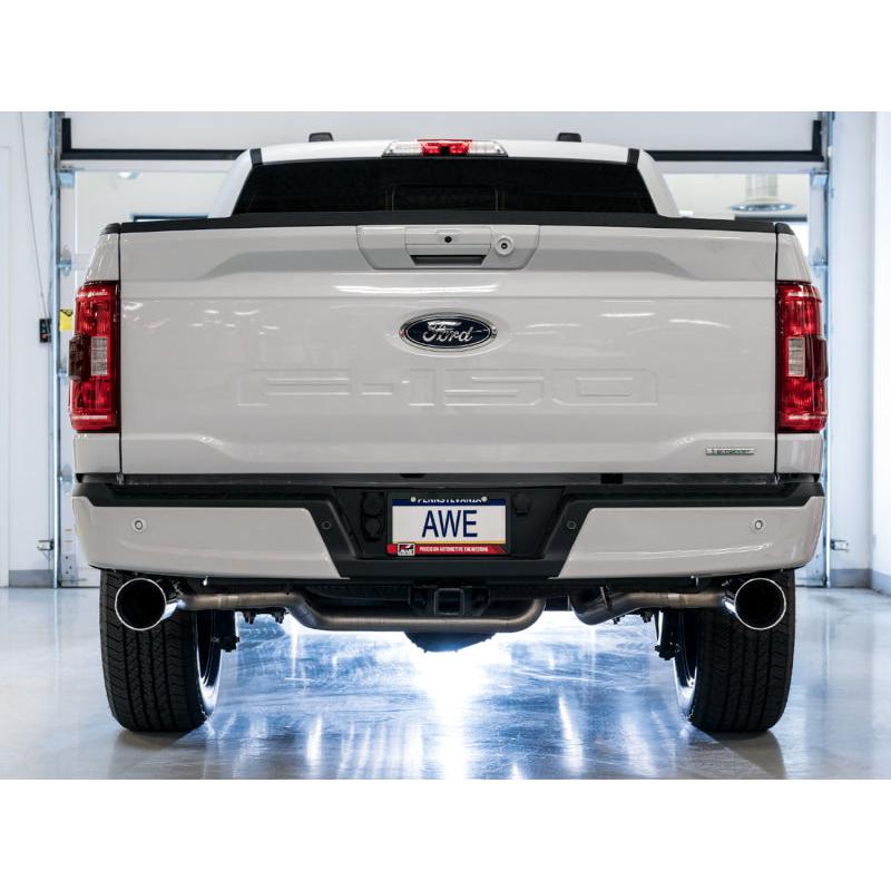 AWE 0FG 21+ Ford F150 Dual Split Rear Exhaust - 5in Chrome Silver Tips-SR1 Performance