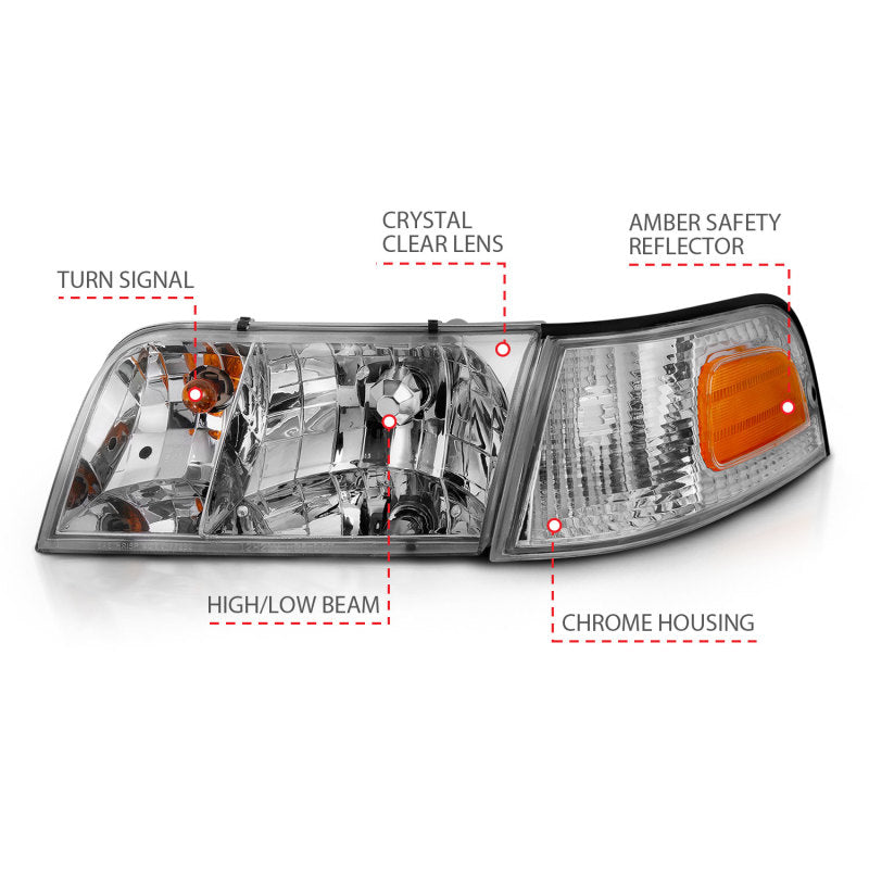 ANZO 1998-2005 Ford Crown Victoria Crystal Headlight Chrome With Bumper Light (OE)-SR1 Performance