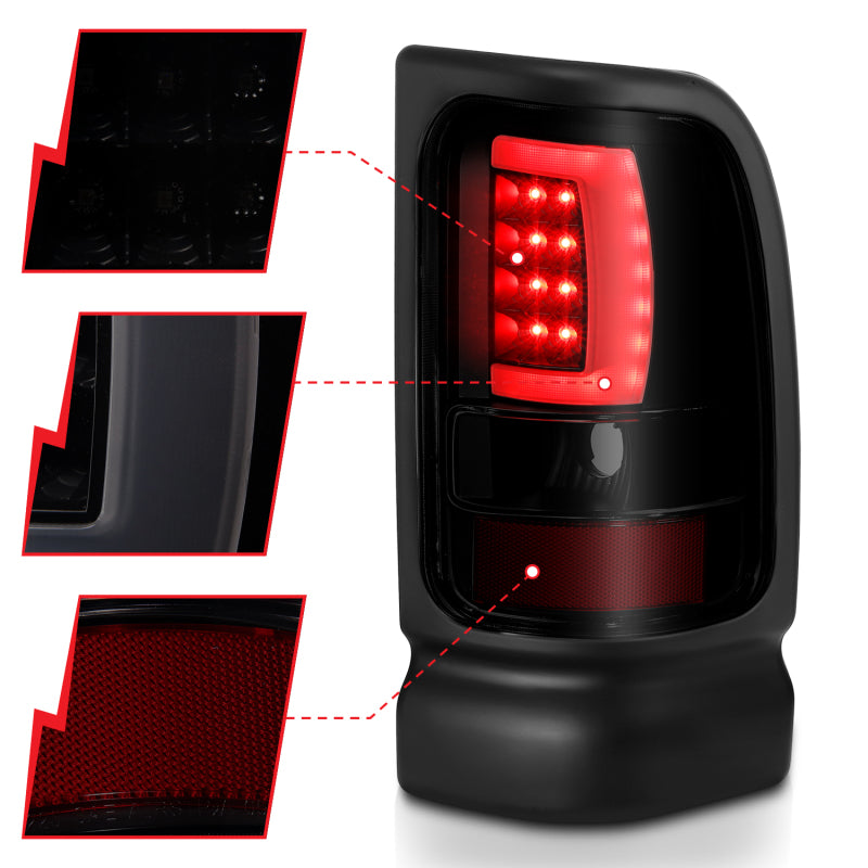 ANZO 1994-2001 Dodge Ram 1500 LED Taillights Plank Style Black w/Smoke Lens-SR1 Performance