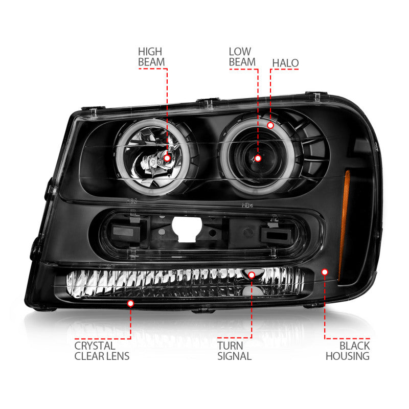 ANZO 02-09 Chevrolet Trailblazer (Will Not Fit 06-09 LT) Projector Headlights w/Halo Black Housing-SR1 Performance