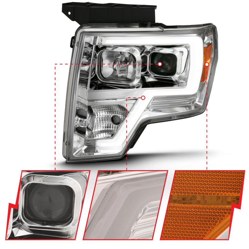 ANZO 2009-2014 Ford F-150 Projector Headlight Plank Style Chrome Amber-SR1 Performance