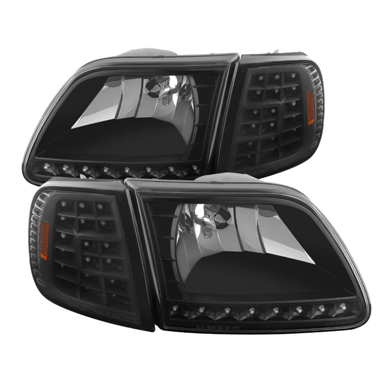 Xtune Ford F150 97-03 Crystal Headlights w/ Clear LED Corners Black HD-ON-FF15097-LED-SET-BK-SR1 Performance
