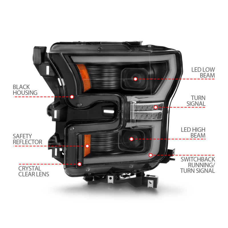 ANZO 15-17 Ford F-150 LED Projector Headlights - w/ Light Bar Switchback Black Housing-SR1 Performance