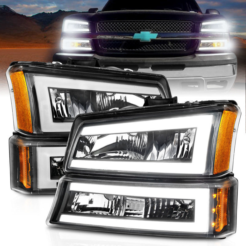ANZO 2003-2006 Chevrolet Silverado 1500 Crystal Headlights w/ Light Bar Black Housing-SR1 Performance