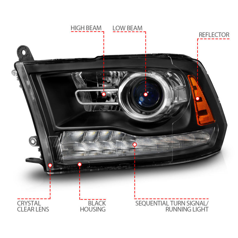ANZO 09-18 Dodge Ram 1500/2500/3500 LED Plank Style Headlights with Switchback and Sequential Features - Matte Black Housing