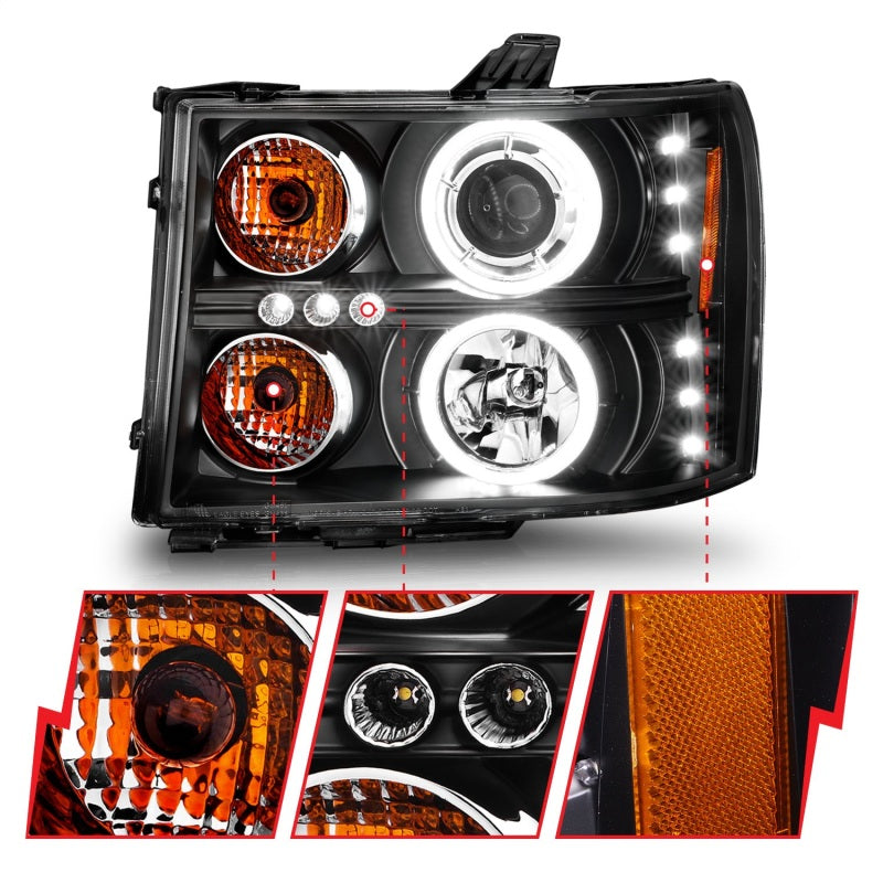 ANZO 2007-2013 Gmc Sierra 1500 Projector Headlights w/ Halo Black-SR1 Performance