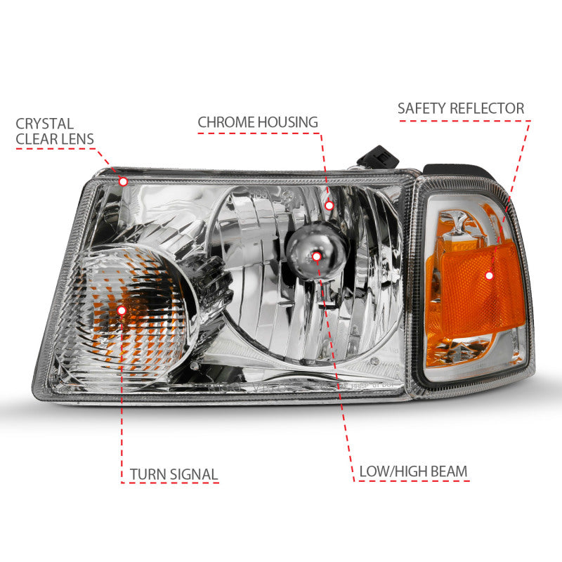 ANZO 2001-2011 Ford Ranger Crystal Headlight Chrome w/Corner Lights (OE Replacement)-SR1 Performance