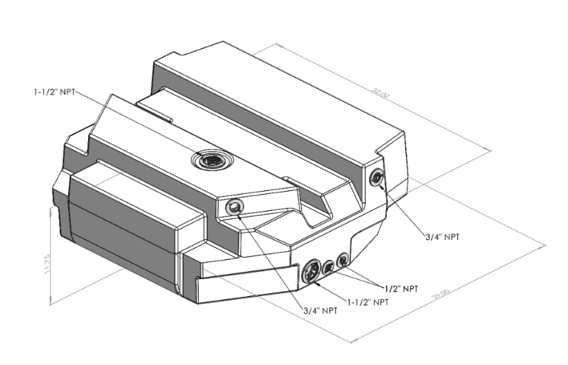 Technical drawing of a 35 Gallon Spare Tire Replacement Fresh/Grey Water Tank 2007-2025 Mercedes Sprinter 144" & 170" with dimensions