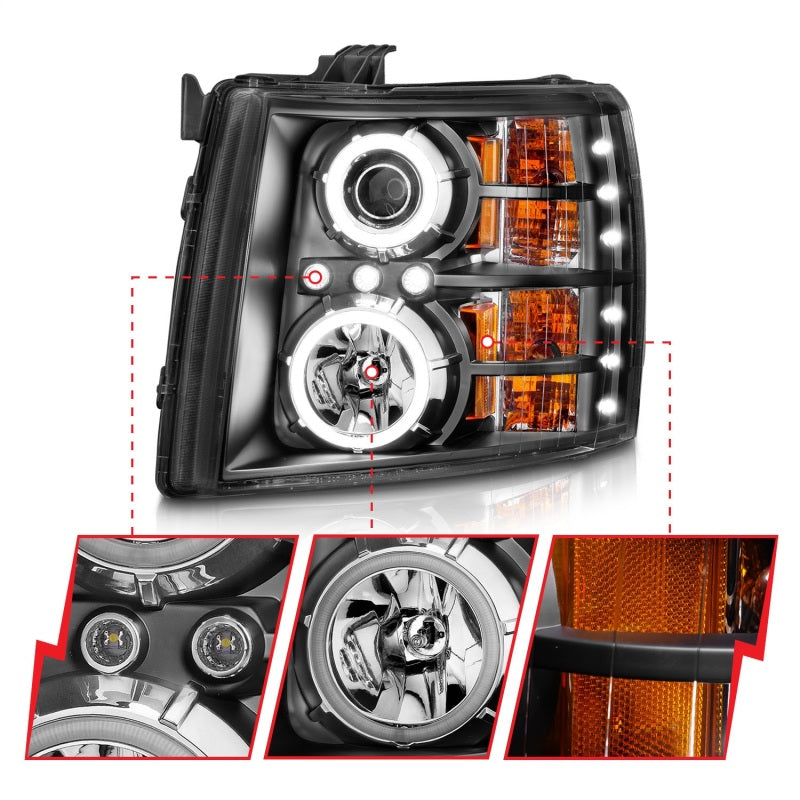 ANZO 2007-2013 Chevrolet Silverado 1500 Projector Headlights w/ Halo Black-SR1 Performance