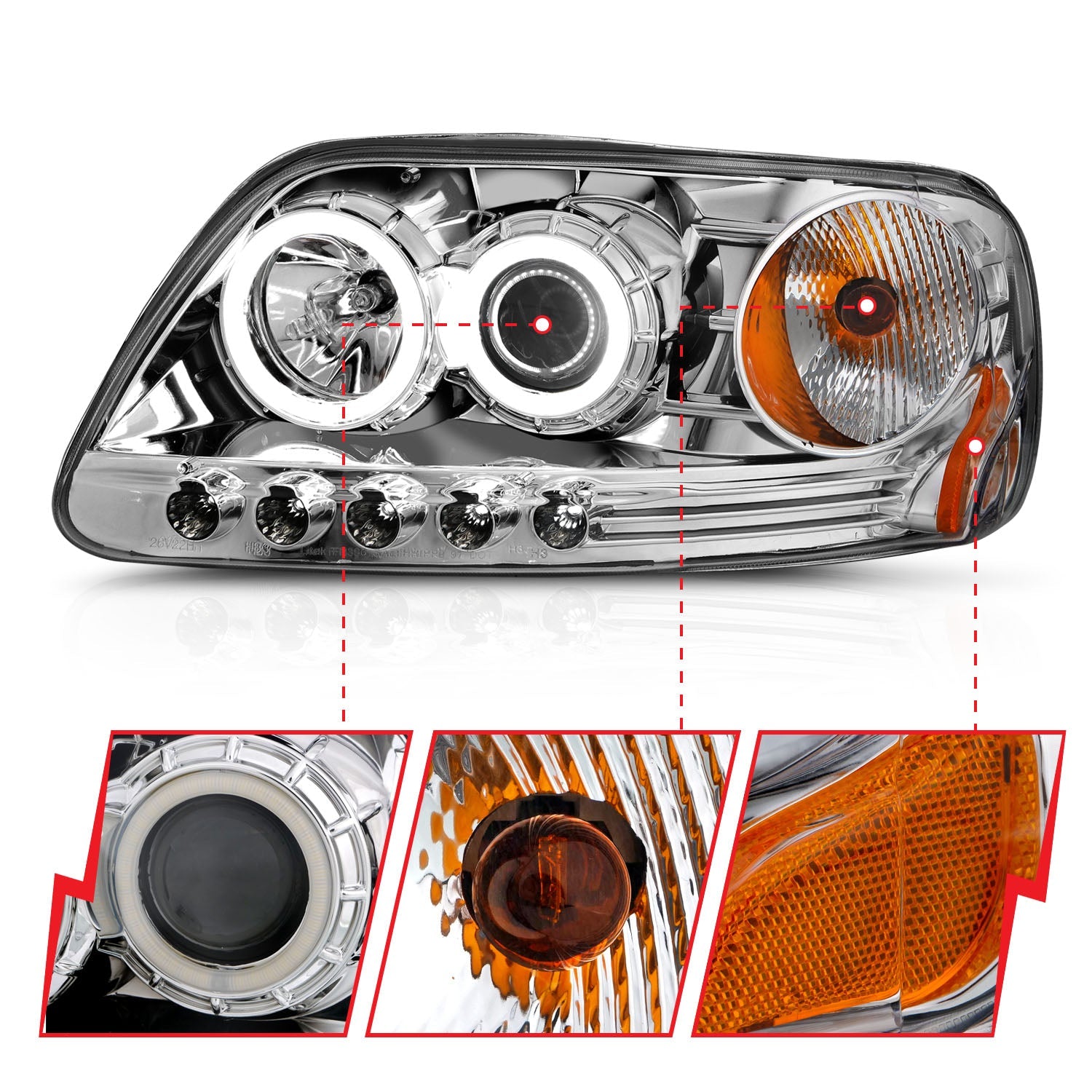 FORD F-150 97-03 / EXPEDITION 97-02 PROJECTOR HEADLIGHTS CHROME W/ RX HALO & LED 1 PC