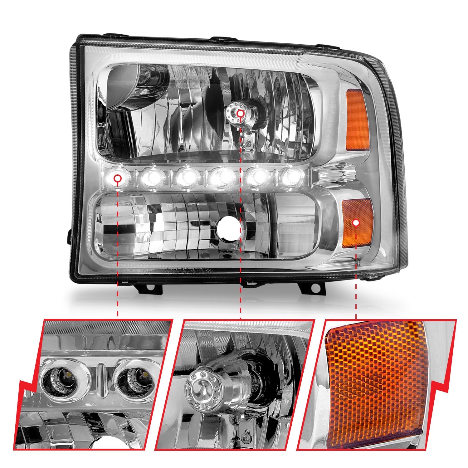 FORD EXCURSION 00-04 / SUPERDUTY 99-04 CRYSTAL HEADLIGHTS CHROME W/ LED 1 PC