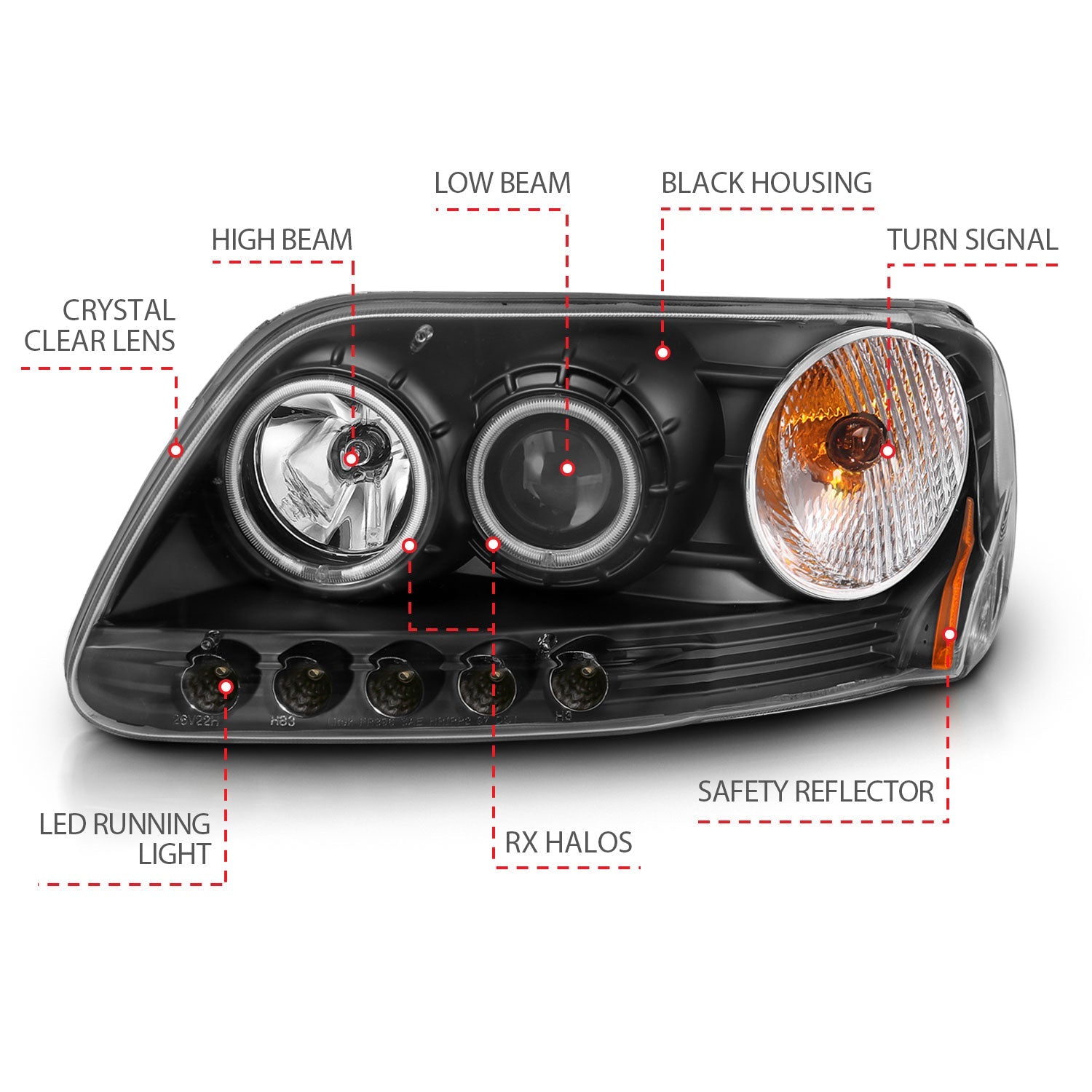 FORD F-150 97-03 / EXPEDITION 97-02 PROJECTOR HEADLIGHTS BLACK W/ RX HALO & LED 1 PC