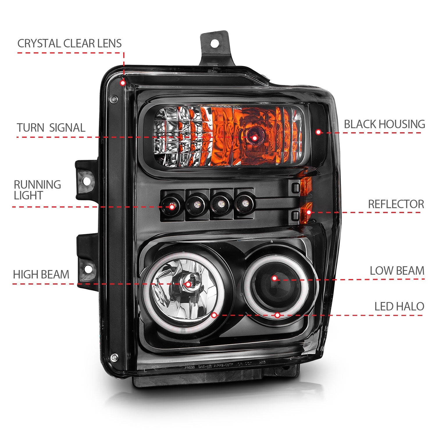 FORD F-250/350/450/550 SUPERDUTY 08-10 PROJECTOR HEADLIGHTS BLACK W/ RX HALO