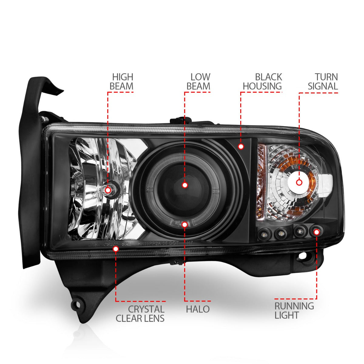 DODGE RAM 1500 94-01 / RAM 2500/3500 94-02 / RAM SPORT MODEL 94-98 PROJECTOR HALO HEADLIGHTS BLACK
