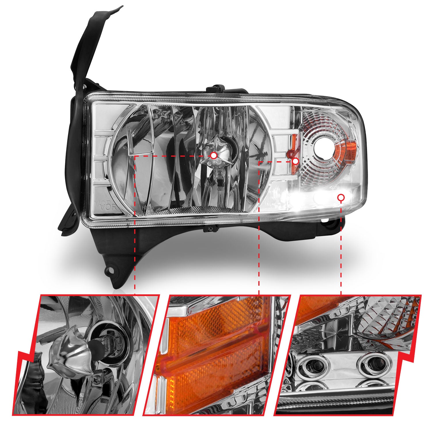 DODGE RAM 1500 94-01 / RAM 2500/3500 94-02/ RAM SPORT MODEL 94-98 CRYSTAL HEADLIGHTS CHROME W/ LED ACCENT 1PC