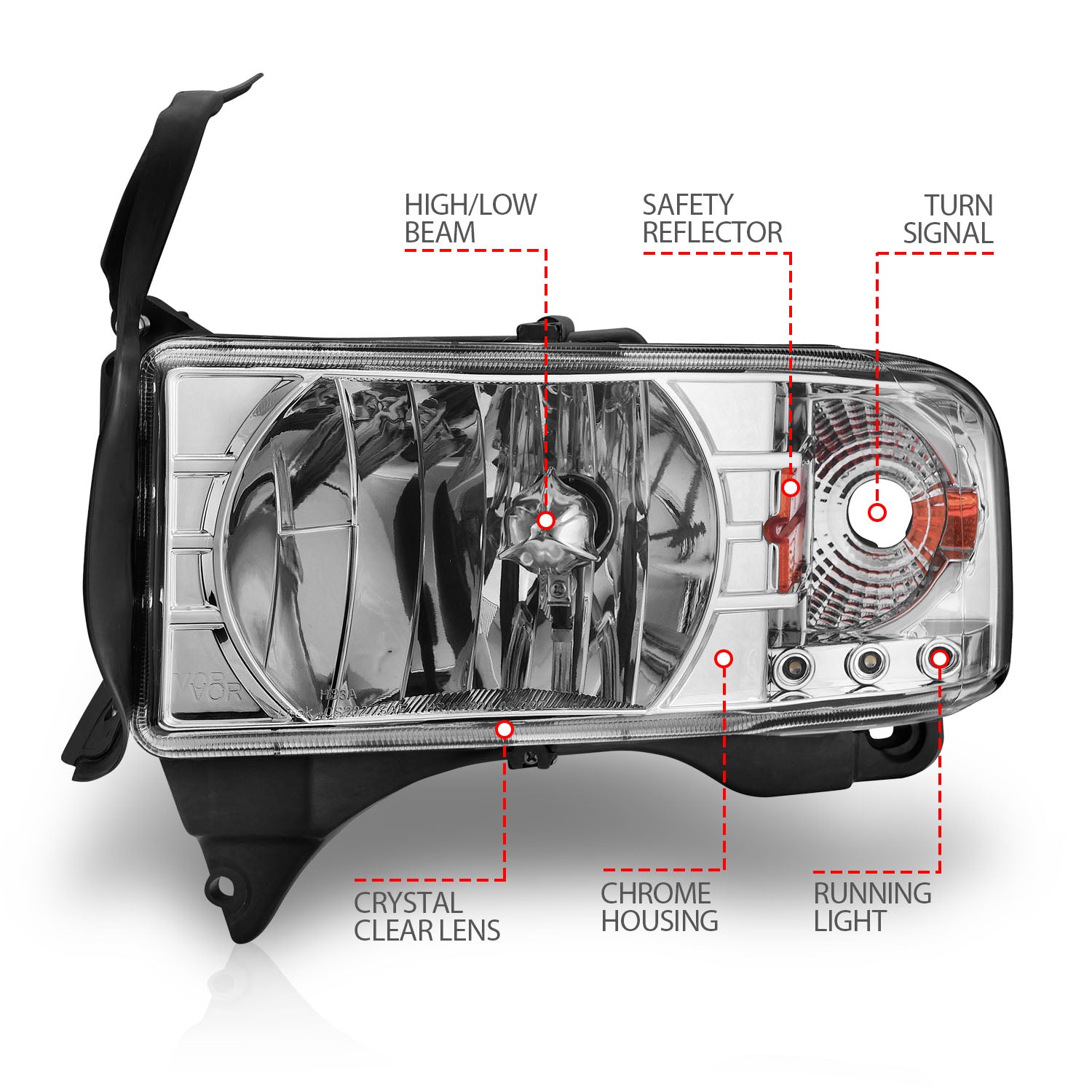 DODGE RAM 1500 94-01 / RAM 2500/3500 94-02/ RAM SPORT MODEL 94-98 CRYSTAL HEADLIGHTS CHROME W/ LED ACCENT 1PC
