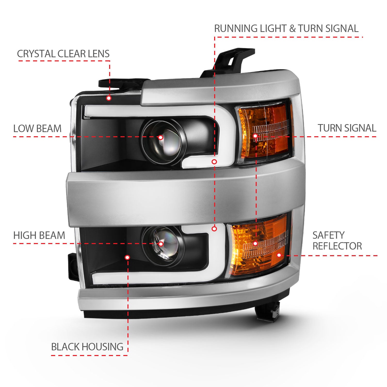 CHEVY SILVERADO 2500HD/3500HD 15-19 PROJECTOR PLANK STYLE HEADLIGHTS BLACK(CHROME TRIM)(HALOGEN MODELS ONLY)
